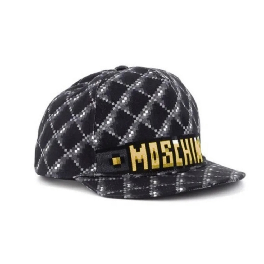 MOSCHINO X SIMS NWT Pixel Efffect Runway Logo Snap Back Trucker Hat. Size M.